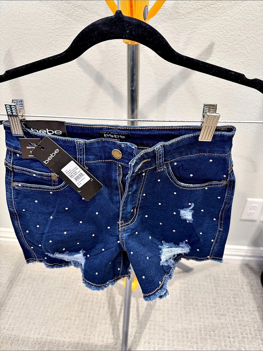 bebe The Basic Short with Rip and Frayed Hem Distressed Polka Dot Jean Shorts in